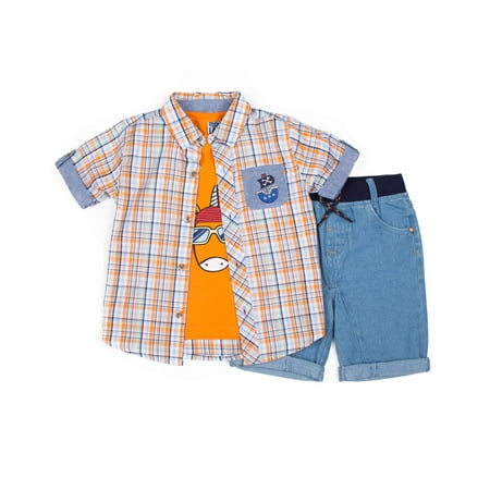 - Short Sleeve Plaid Poplin Button Up Shirt, Short Sleeve Graphic T-shirt & Knit Denim Shorts, 3pc Outfit Set (Baby Boys & Toddler Boys)