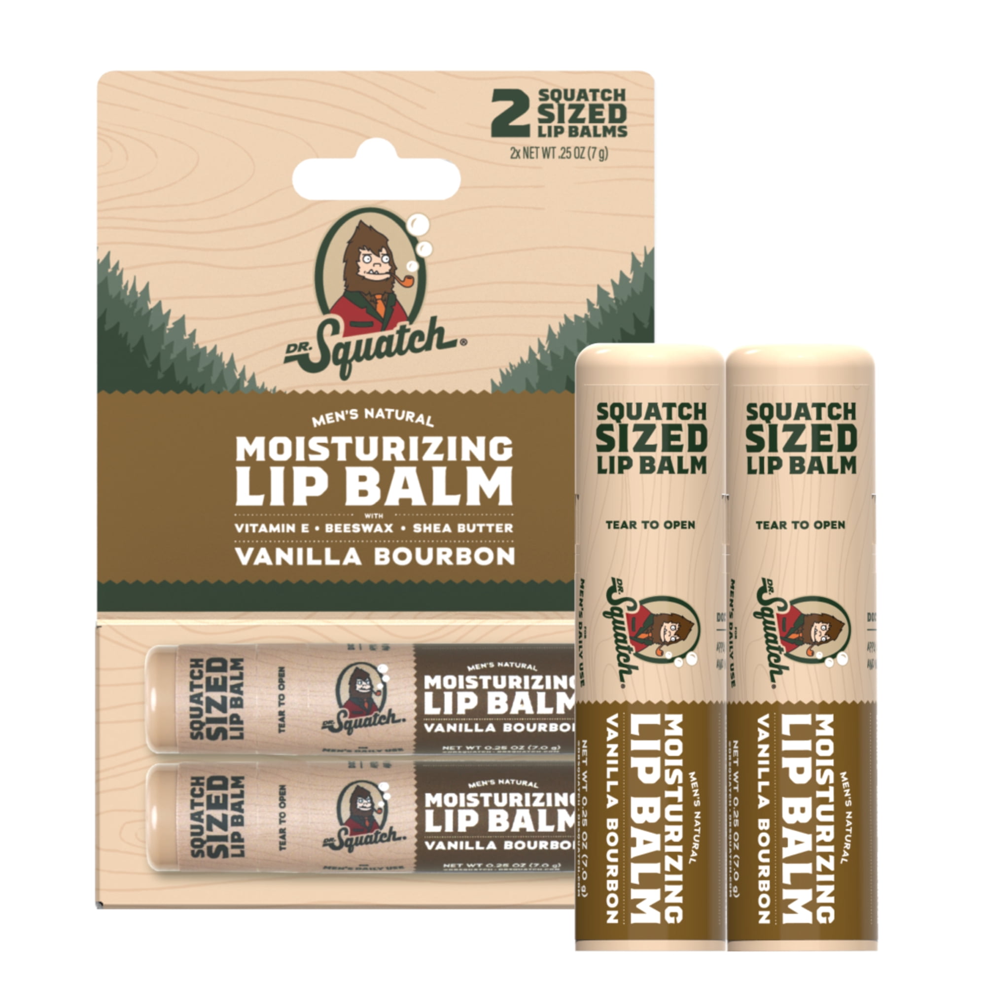 Dr. Squatch Moisturizing Lip Balms, Natural Lip Moisturizer Butter for Men Lip Care, Vanilla Bourbon, 0.25 Oz, 2 Pack