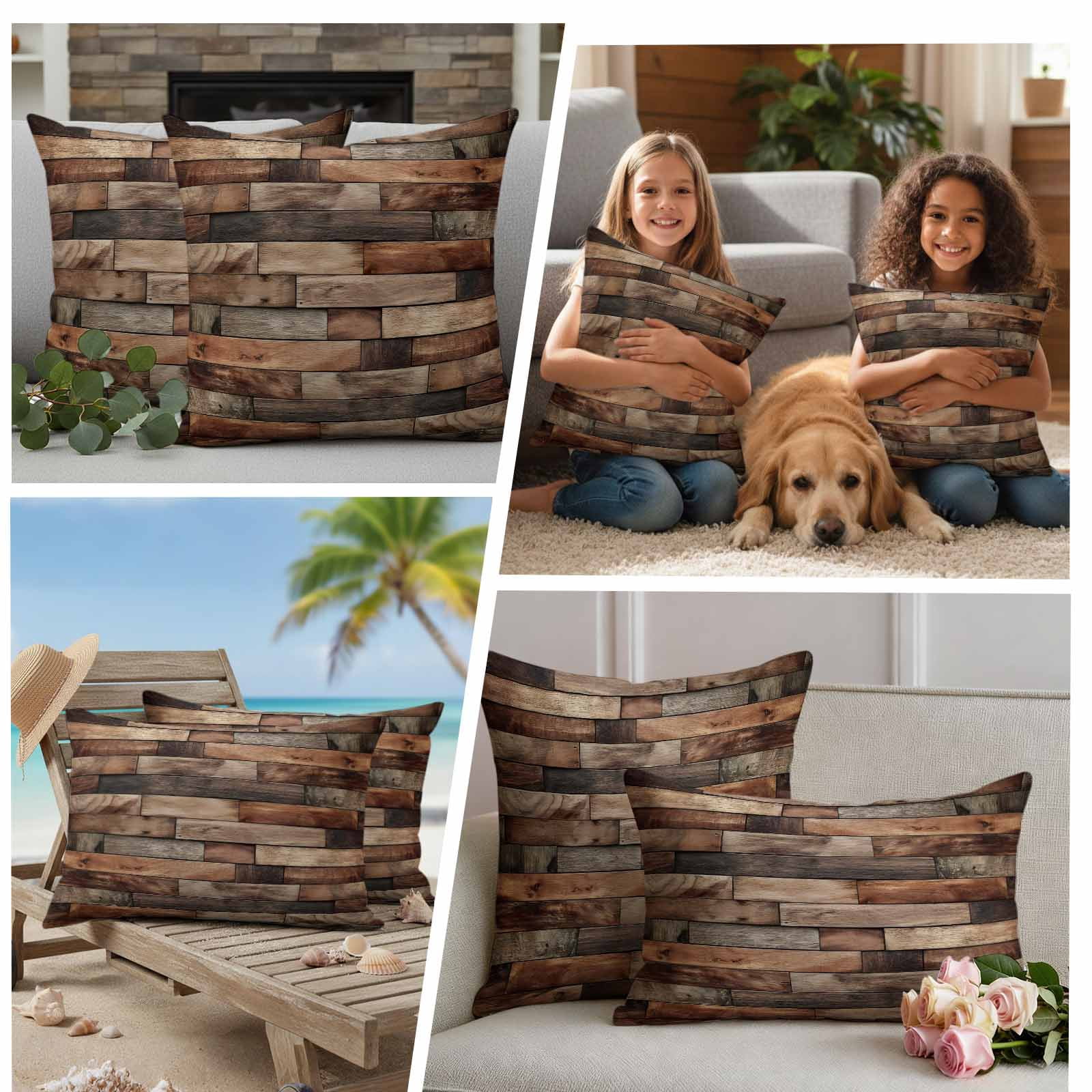 Brown Wood Grain Pillow Covers 2 Pack Farmhouse Vintage Wooden Board Patchwork Pillowcase Waterproof Outdoor Throw Pillow Cover for Patio Garden Square Cushion 18”x18”