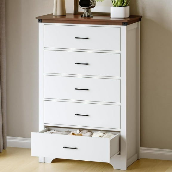 Selooye Farmhouse 5-Drawer Dresser, 31-Inch Wood White Chest with Metal Handles