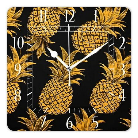 12 Inch Wall Clock Battery Operated Square Clock Decorative for Office, Kitchen, Outdoor, Living Room，Fruits Gold Pineapples Black Elegant Pattern