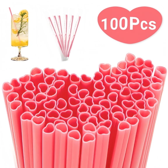 Valentine's Day Heart Shaped Straws Disposable Individually Heart Shaped Pink Straws for Party Wedding Birthday Bridal Shower Decor 100PCS