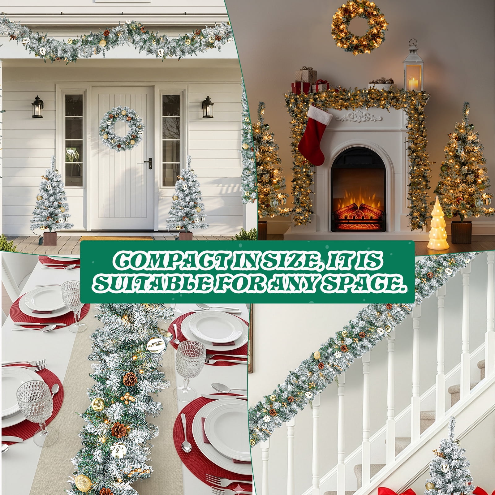 4-Piece Pre-Lit Snow Flocked Christmas Decor Set, 2x3FT Trees 21" Wreath 9FT Garland 230 Warm White LED 8 Modes Remote Control for Indoor Covered Outdoor Entryway Holiday Decor