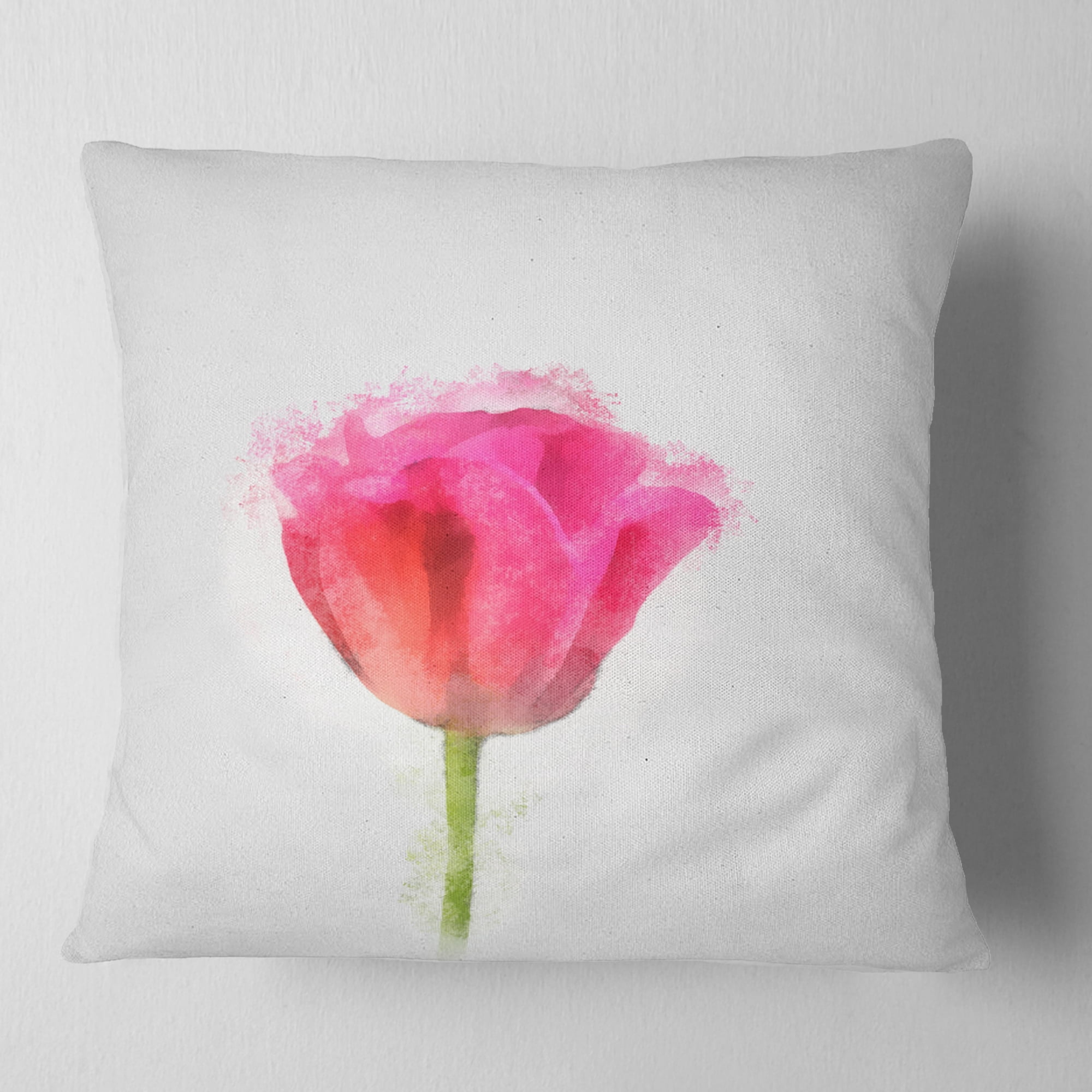 Designart Bloomy Pink Tulip on White Drawing - Flower Throw Pillow - 18x18