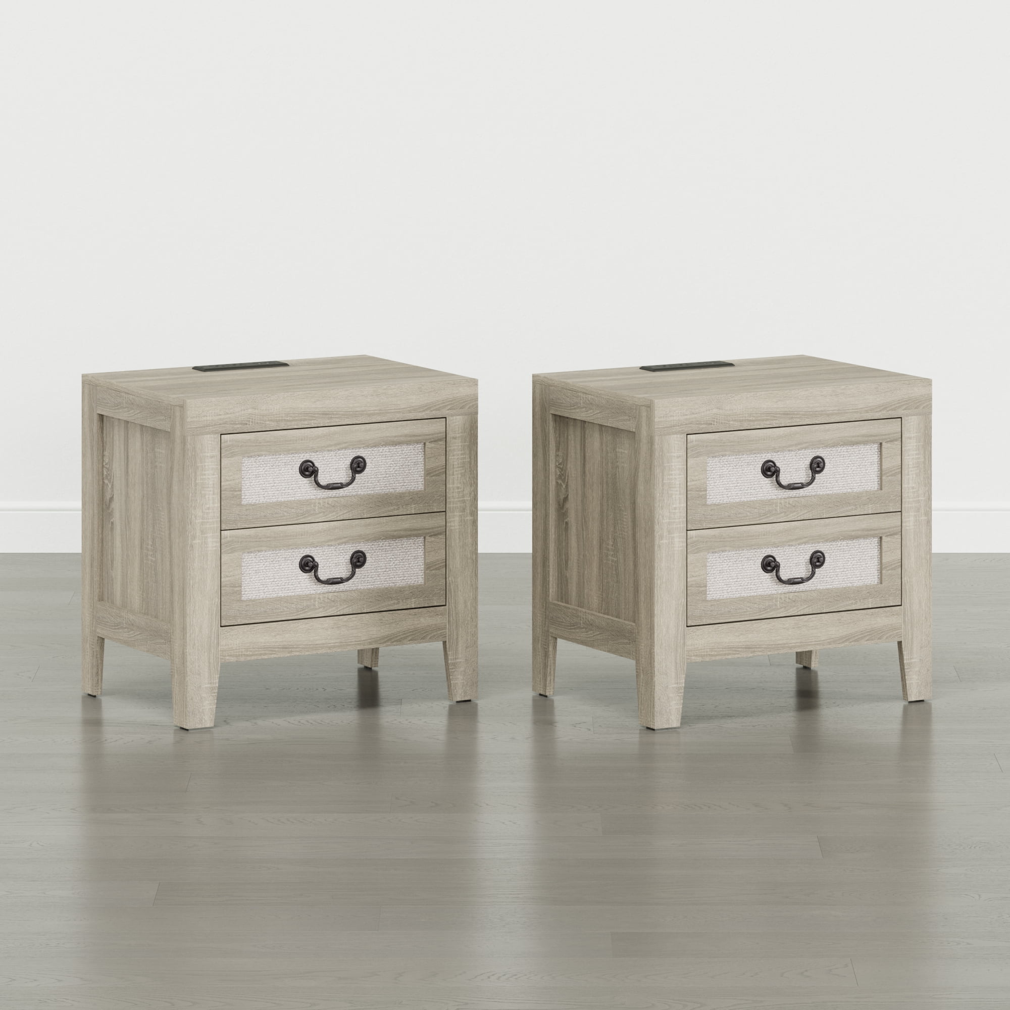 Spruce & Spring Modern Transitional Nightstands Set of 2, 2-Drawer End Tables with Charging Station, Fabric Drawer Front, Natural Wood Finish