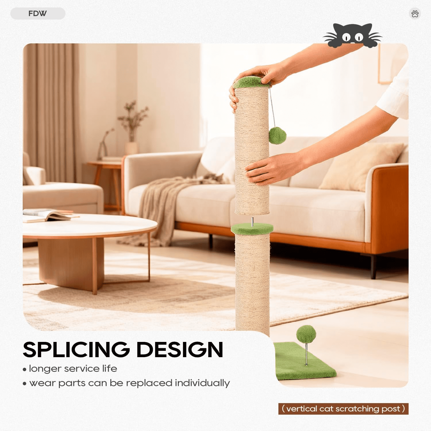 BORGEBY 33 Inch Cat Scratching Post, Natural Sisal Rope Cat Scratcher with Hanging Ball Toy for Indoor Cats and Adults ,Green
