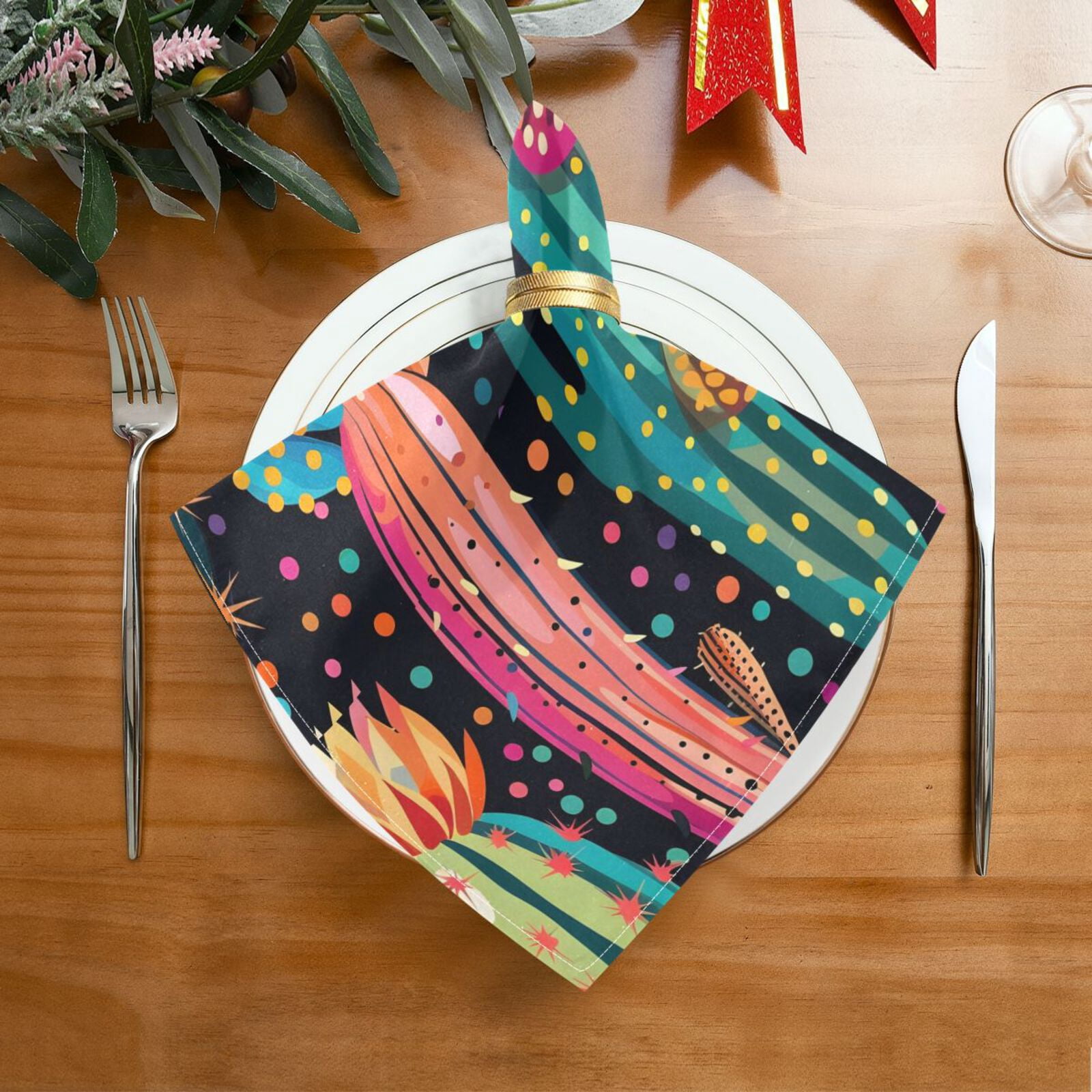JSTEL Cactus Polka Dots Rainbow Cacti Cloth Napkins Set of 6, 20x20 Inch Washable and Reusable Napkin for Decoupage Dinner Party Everyday Use