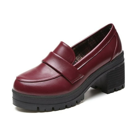 Womens Mary Janes Comfort Loafers Platform Chunky Mid-Heel Classic Round Toe Slip-on Uniform Dress Shoes Brogues Oxfords Vintage