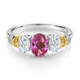 thumbnail image 2 of Gem Stone King 925 Sterling Silver and 10K Yellow Gold Oval Pink Mystic Topaz White Moissanite and White Diamond 3 Stone Ring for Women (2.33 Cttw, Gemstone Birthstone, Size 6), 2 of 3
