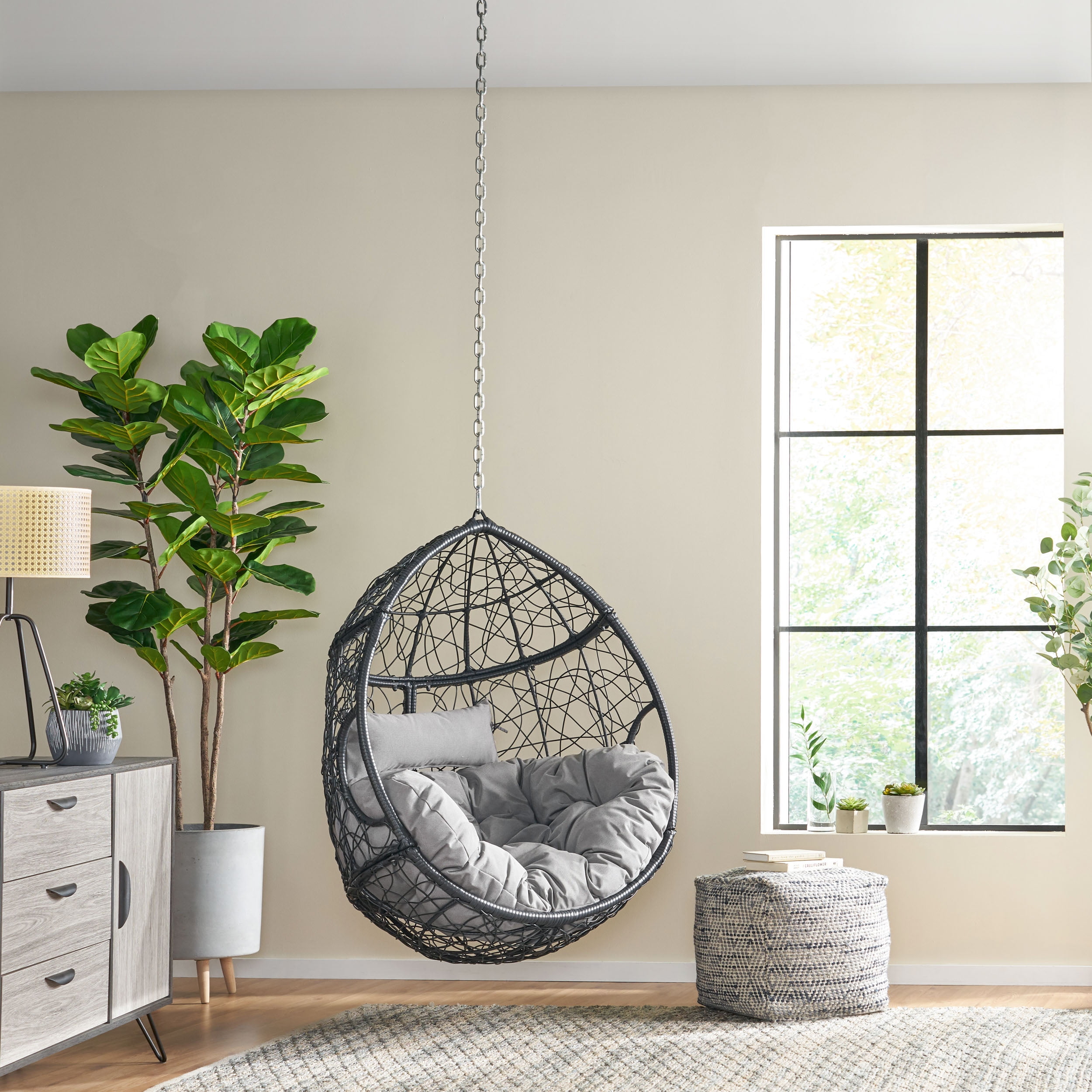 Outdoor Teardrop Shaped Hanging Chair with 8ft Chain, Wicker Weave Suspended Leisure Seat for Patio Garden, Brown and Beige