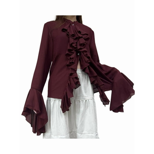 Blusas Casuales para Mujer, con Mangas Acampanadas, Cuello Alto y Volantes, Camisa de Verano A para Vacaciones. Vino Tinto XL