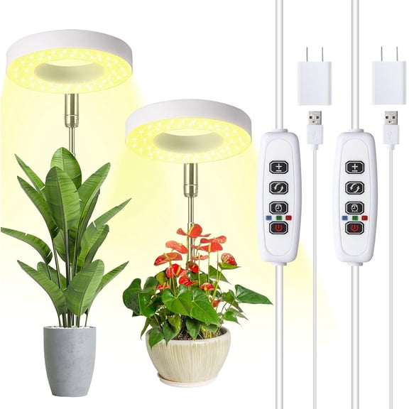 Full Spectrum Ring Grow Light 2 Pack - 96 LED Warm White Plant Lamp for Small Indoor Plants, Height Adjustable Plant Grow Light with 3/9/12H Timer, 3 Spectral Modes & 10 Dimmable Levels, USB Adapter