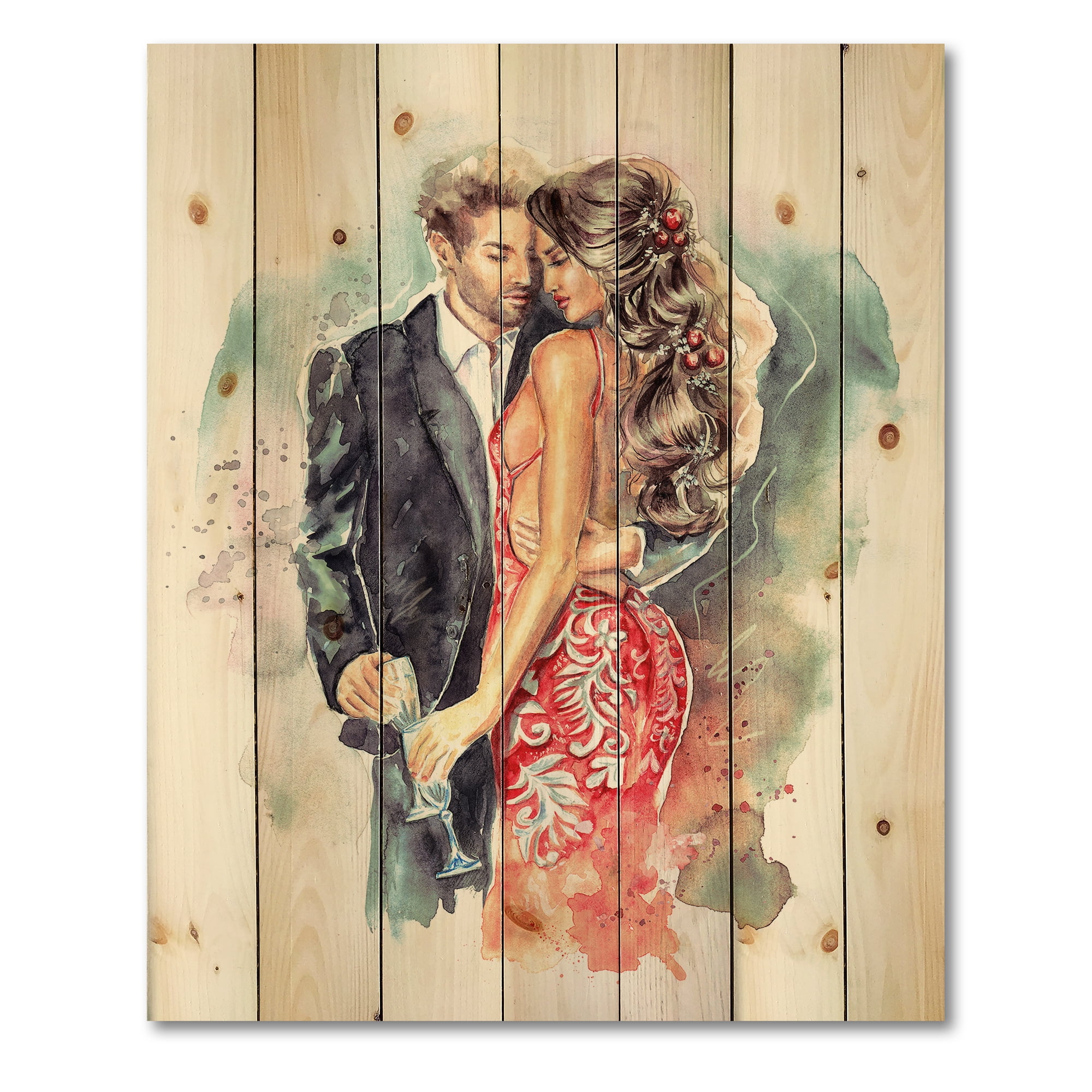 Designart 'Romantic Couple Ith Champagne Glasses At New Year Party' Traditional Print on Natural Pine Wood