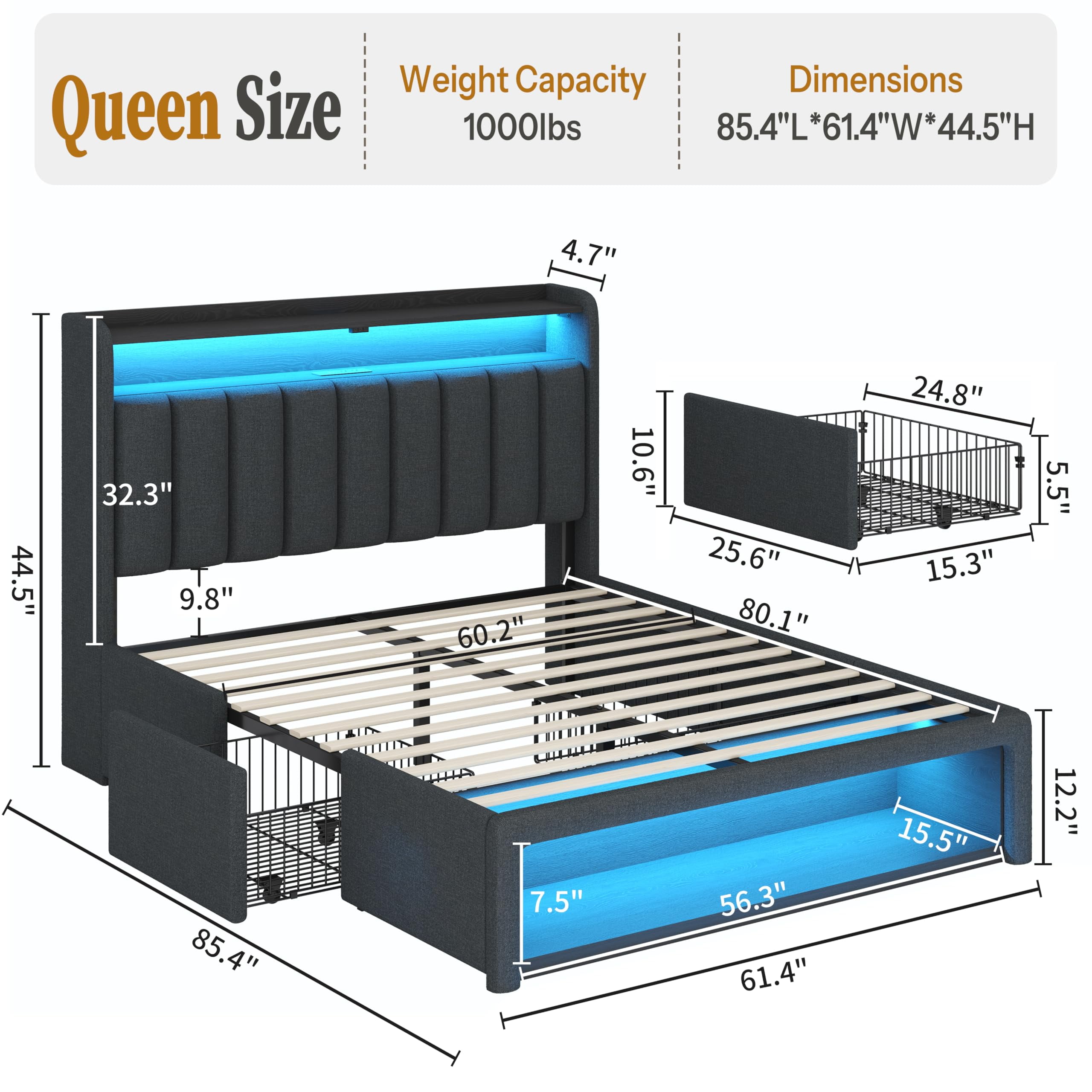 ChicZhiNest Queen Size LED Bed Frame with Fluted Upholstered Headboard, Charging Station, Linen Storage Platform Bed with 2 Drawers and Cabinet, Dark Grey
