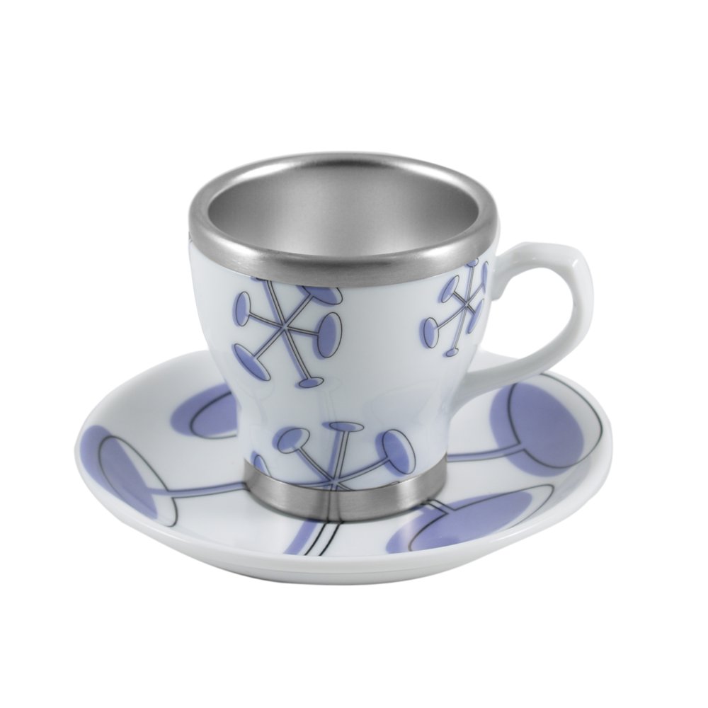 Pearl Cafe Stainless Steel and Porcelain Espresso Cup and Saucer Set
