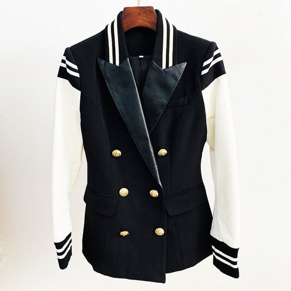 HIGH STREET Stylish Blazer Varsity Jacket Women's Leather Sleeve Patchwork Lion Buttons Blazer - Black / M