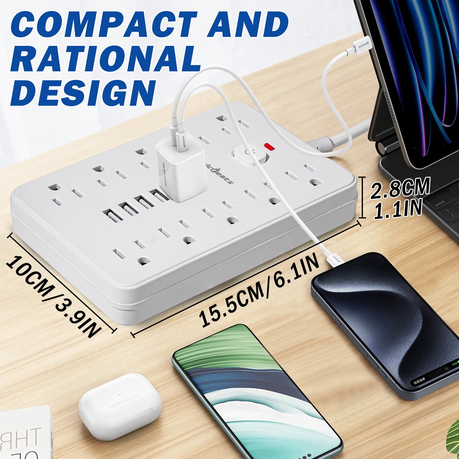 Vivicreate 15-in-1 Power Strip with 10 AC Outlets, 4 USB-A & 2 USB-C Ports, Ultra Flat Plug Surge Protector, 0.9m Extension Cord, Wall Mount Charging Station for Home, Office & Travel