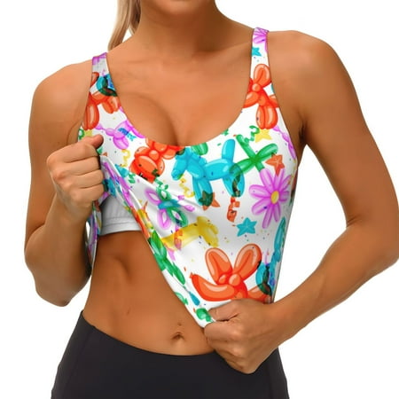 Qokaie Colorful Air Balloons Pattern Womens Scoop Neck Sports Bra Breathable Workout Vest Padded U Back Medium Impact Fitness Gym Yoga Bra Workout Crop Top