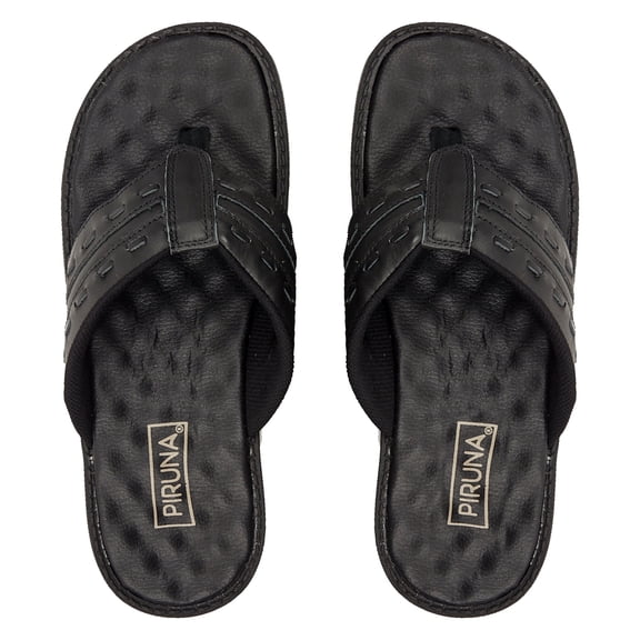 Piruna Men's Leather Thong Sandals, Cushioned Footbed, Black