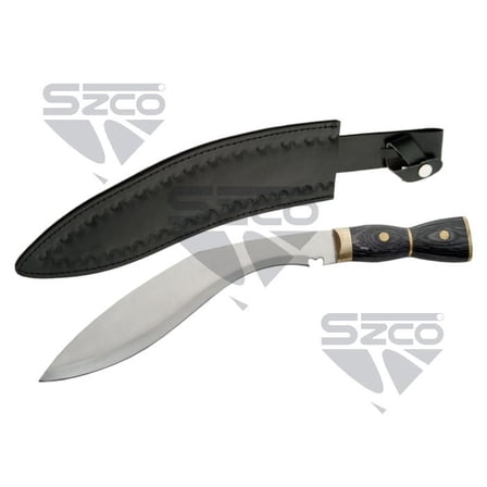 SZCO 15" Stainless Steel Kukri Knife with Black Wood Handle & Black Leather Sheath – Outdoor Tool