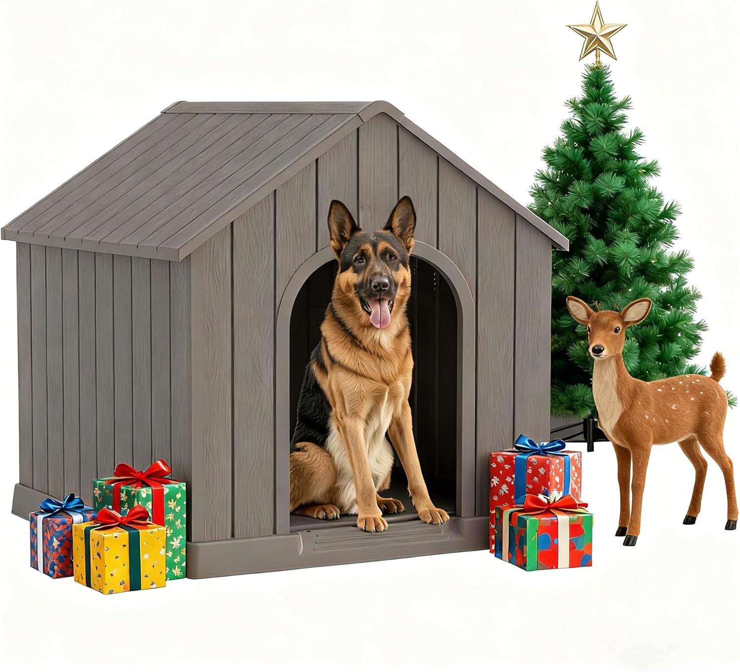 Large Dog House Outdoor Indoor for Medium Large Dogs, Sturdy Plastic Waterproof Doghouse with Air Vents and Elevated Floor, Easy Clean and Assemble (Grey, 36.2''L×38''W×38''H)