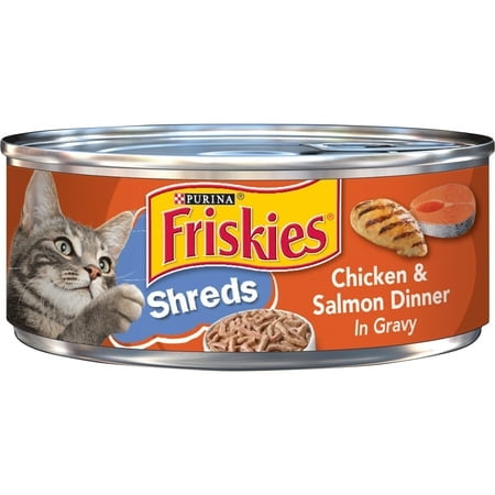 (12 pack) Purina Friskies Shreds, Chicken and Salmon Dinner in Gravy, Wet Cat Food, 5.5 oz Can, 24 Pack