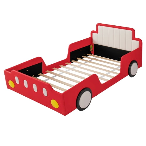 Twin Size Race Car Shaped Platform Bed with Wheels and Safety Rails, Red