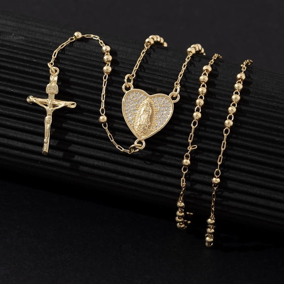 Jesus Christ Crucifix Virgin Mary Heart Rosary Bead 14K Gold Filled Necklace for Women, Long Fashion Jewelry