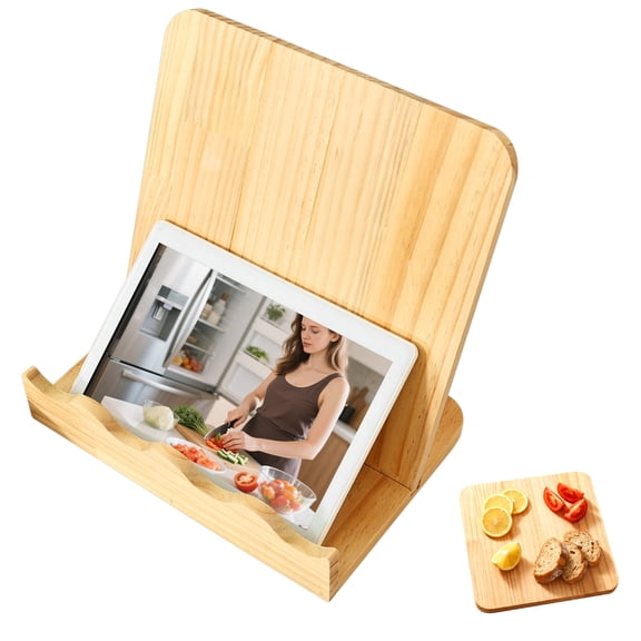 Toorise Scalloped Wooden Cookbook Stand with Removable Cutting Board Versatile Recipe Book Holder Charcuterie Board for Kitchen Counter Decor