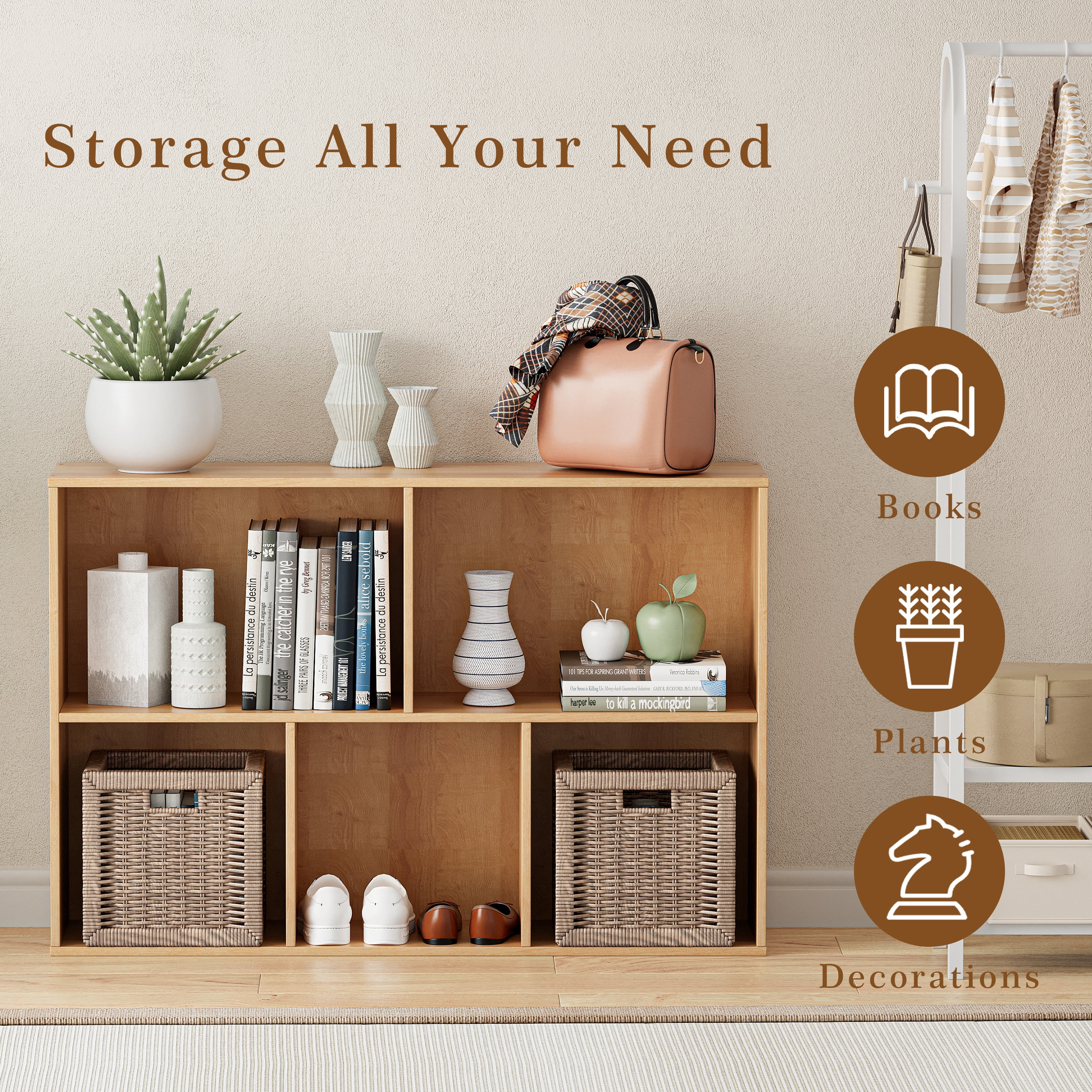 Anhdah 5 Cube Storage Organizer, Cube Bookcase Closed Back Panel Bedroom, Living Room, Home Office, Closet Bookshelves Natural Oak