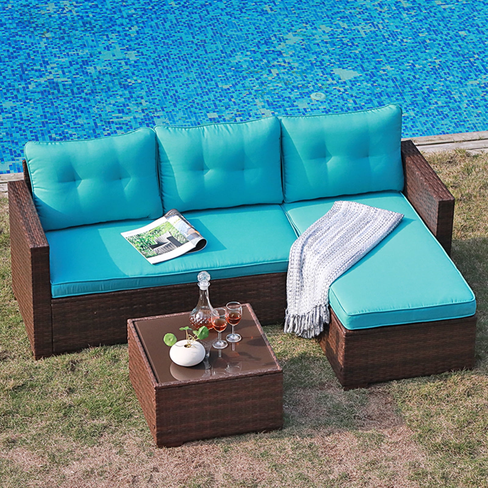 JOIVI Patio Set, PE Wicker Rattan Outdoor Conversation Set, Tempered Glass Coffee Table, Blue