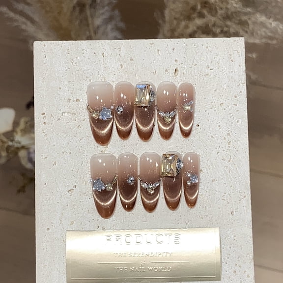 Coquette Sparkle Handmade Press on Nails for Women Wedding Elegant Classy Medium Almond Brown Fake Nails