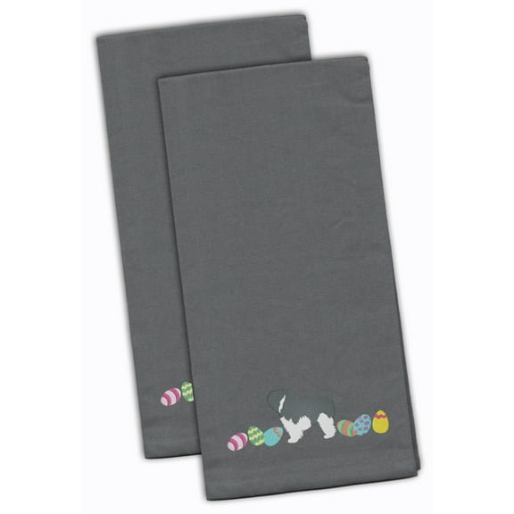 Polish Lowland Sheepdog Easter Gray Embroidered Towel Set of 2