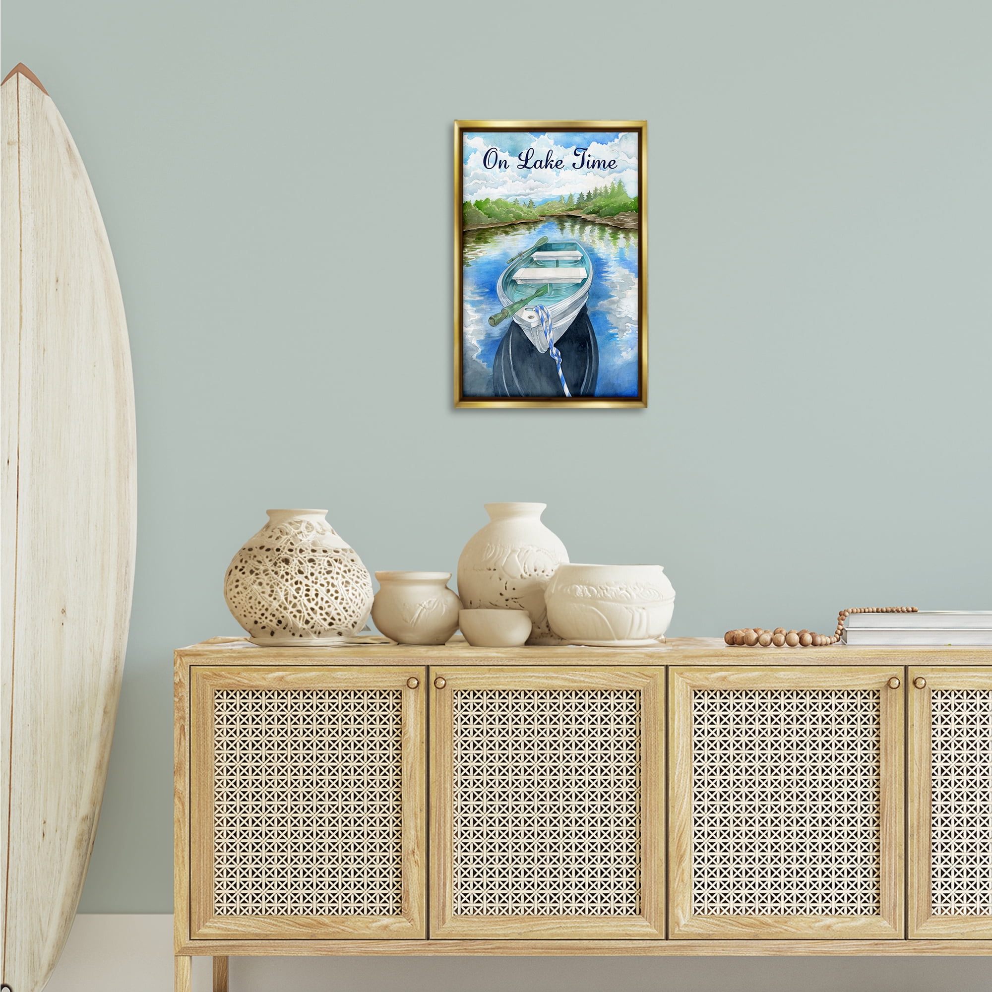 Stupell Industries On Lake Time Canoe Transportation Painting Gold Floater Framed Canvas Art Print Wall Art, 17 x 25