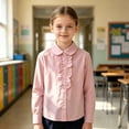 thumbnail image 2 of GobdXE Girls Solid Front Ruffle Round Collar Long Sleeve Button Down School Blouse Pink,15-16 Years, 2 of 6