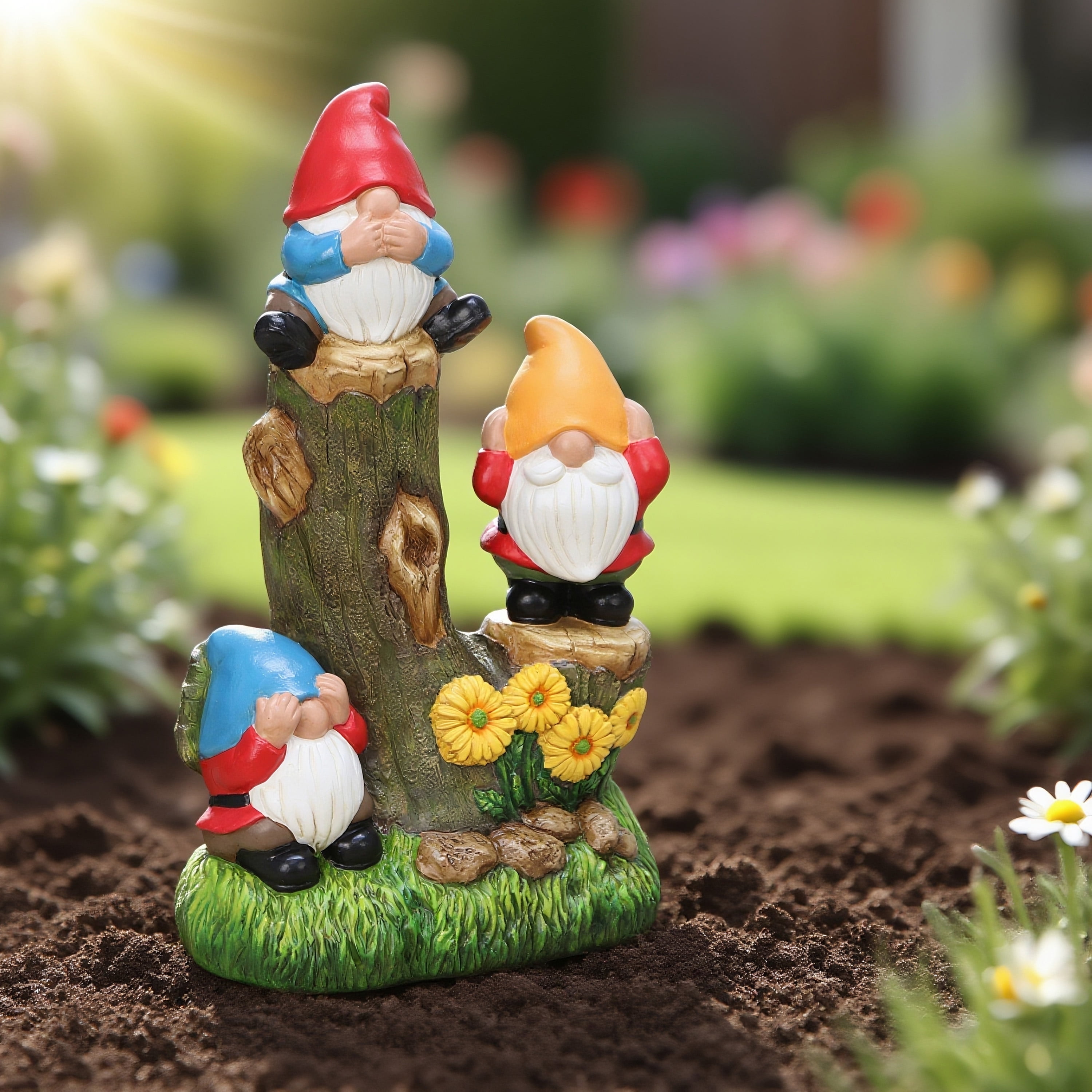 Mainstays Outdoor Three Gnomes on Log Statue 7.5 in L x 4.8 in W x 12.3 in H