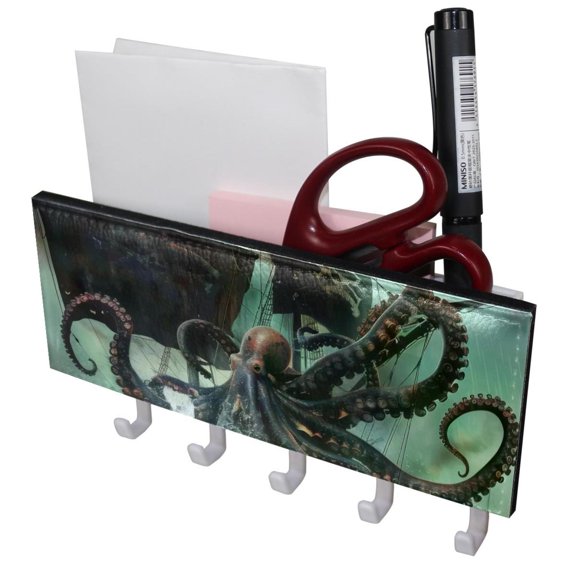 PhooArto Key Holder for Wall Decorative with 5 Key Hooks, Ocean Octopus Attack Nautical Ship Holders Wall Mount Organizer with Mail Key Rack, Self Adhesive