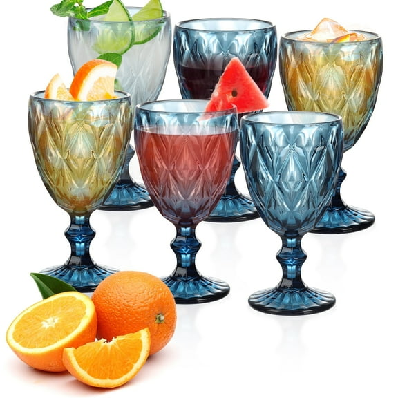 Vintage Wine Glass Tall Glass Set of 6 - 300ml Diamond Embossed Wine Glasses with Feet for Chilled Wine, Cocktails & Drinks, Blue