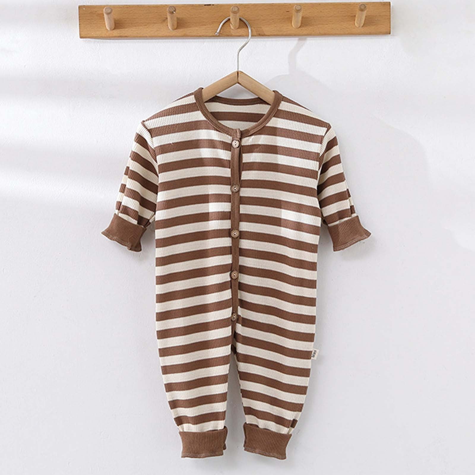 REORIAFEE Baby Boy White Romper Long Sleeve Onesies Round Neck Cotton Rompers Front Botton Jumpsuit Bodysuits Stripe Overall Size 73 Brown