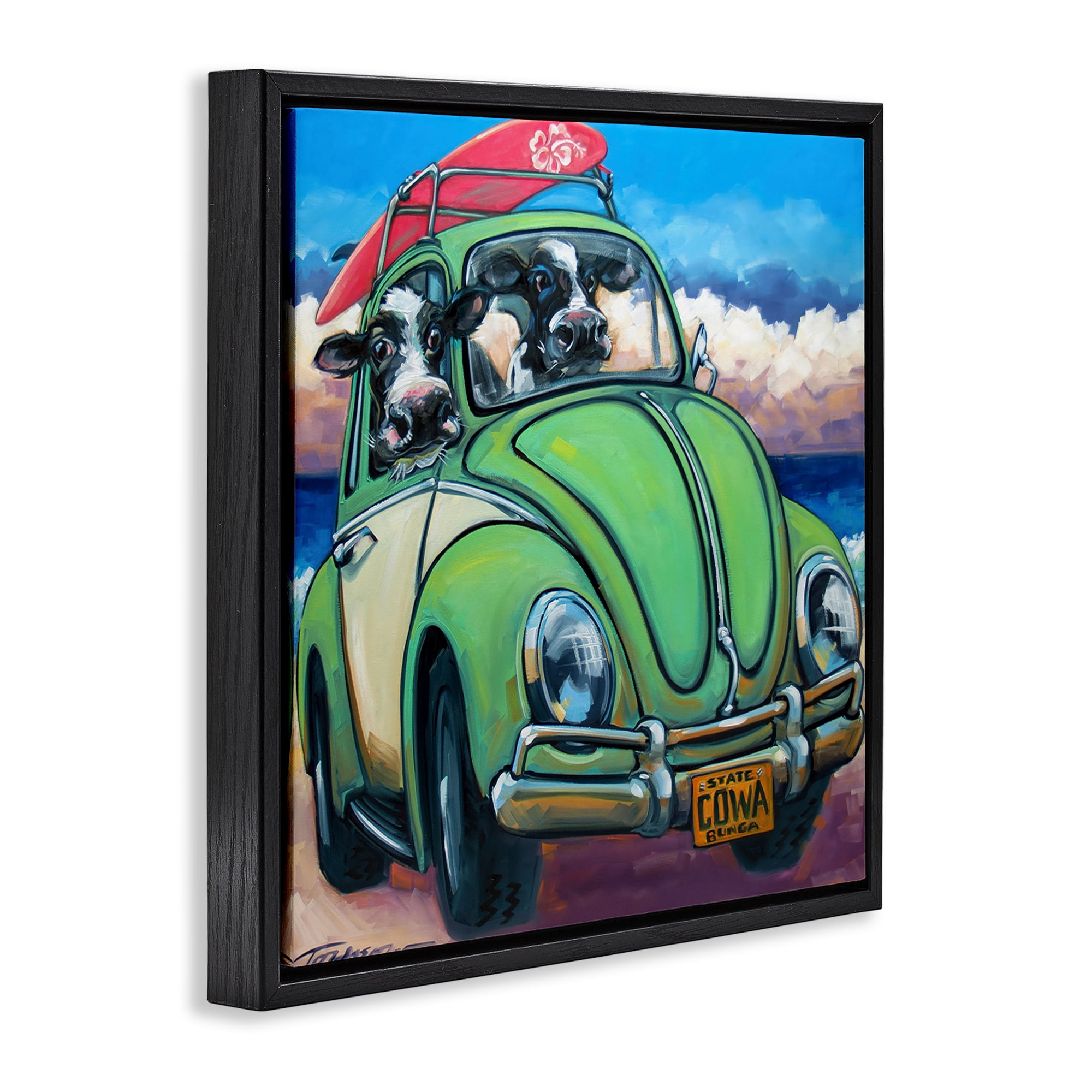 Stupell Industries Cowabunga Surfer Cows Black Framed Floater Canvas Wall Art, design by CR Townsend