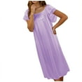 thumbnail image 4 of Lorytime Womens Nightgown Full Length Long Short Sleeve Ice Silk Sleepdress Crewneck Solid Nightshirts Nightgowns Pleated Nightdress Comfy Soft Lounge Pajamas Dress Purple, 4 of 5