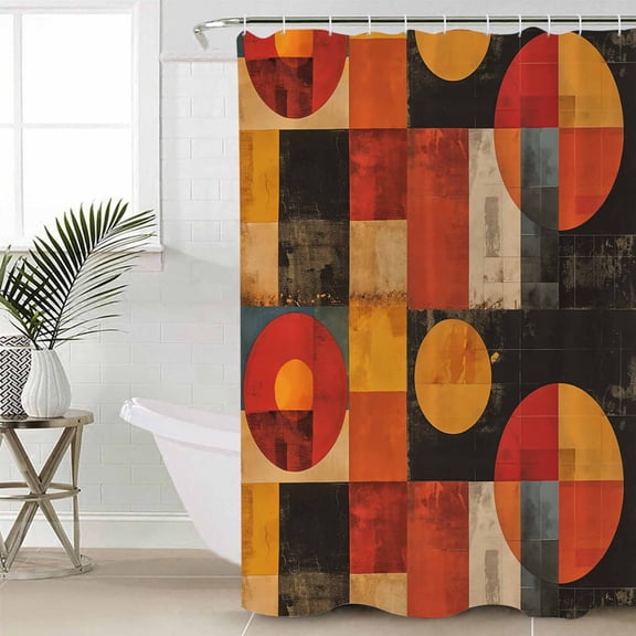 Red Orange Geometric Waterproof Fabric Shower Curtain, Vintage Oil Painting Abstract Art Shower Curtain for Bathroom Curtains Bathtubs Hotel Washable Shower Curtains with 12 Hooks Stall 54x78in