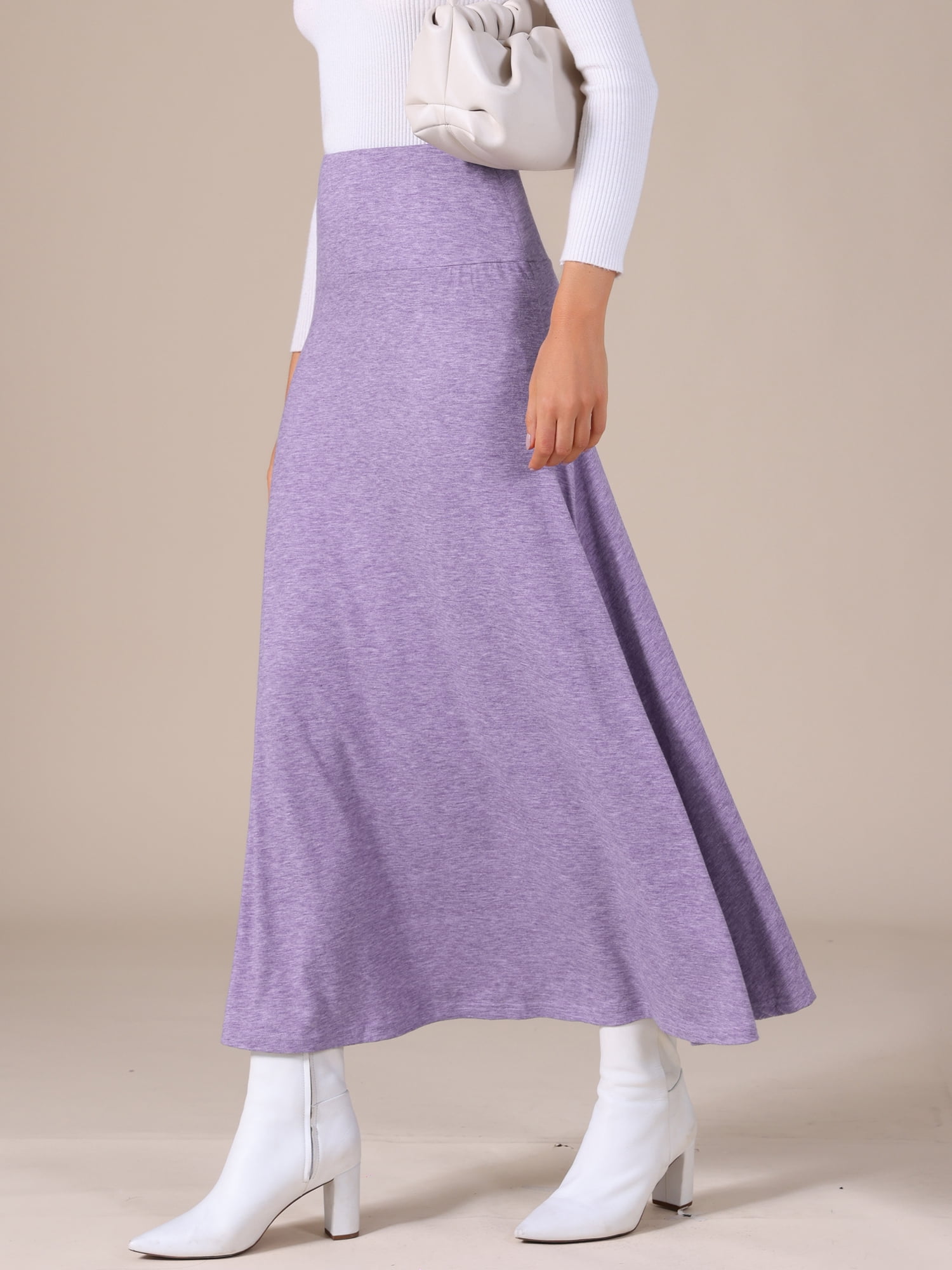 DARING DIVA Women's Foldable High Waist Flowy Flare Maxi Skirts M Purple