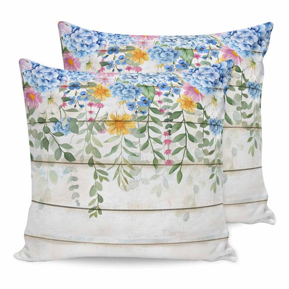 16x16 Pillow Covers Set of 2, Blue Spring Floral Square Throw Pillow Covers for Couch/Sofa/Living Room, Summer Botanical Pastoral Wooden Decorative Soft Pillowcases for Couch Throw Pillows