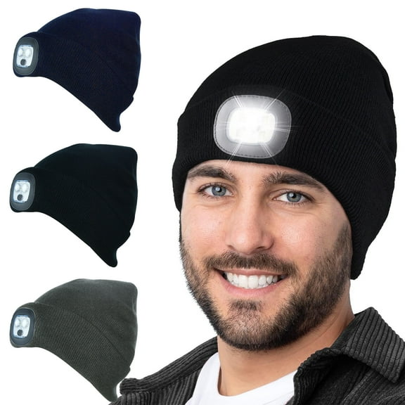 Beanie with Light, USB Rechargeable LED Headlamp Cap Unisex Winter Warm Knitted Hats Gifts for Men Women (Black)