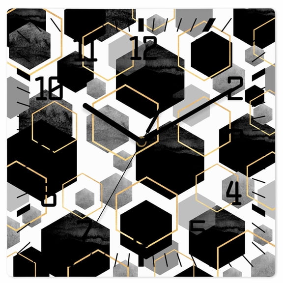 Black Grey Wooden Wall Clock Silent Non Ticking, Geometric Gold White Hexagon Modern Square Wall Clocks Battery Operated, Decor Clock for Home Office, Living Room, Kitchen, 12 Inch