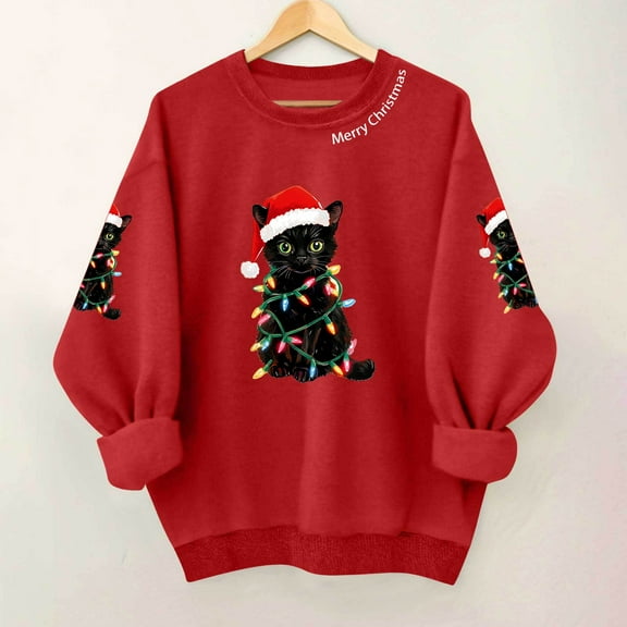 Lopecy-Sta Women's Christmas Cat Print Crew Neck Sweatshirt, Polyester Casual Long Sleeve Pullover Top Red L