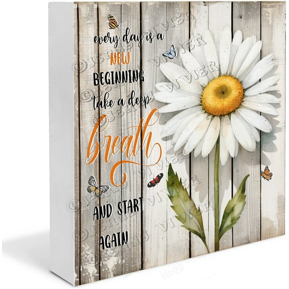 Daisy Everyday is A New Beginning Rustic Farmhouse Wooden Box Sign Desk Decor Decorative Sign for Table Shelf Positive Quote Sign 5"x5"
