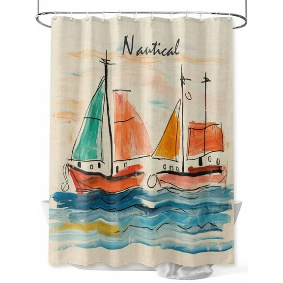 Boanket Polyester Fabric Nautical Boat, Shower Curtain, Coastal Sailing Ship Ocean Painted Sea Waterproof Bathtub Curtain Bathroom Decor Set with Hooks 72 x 84 Inches,