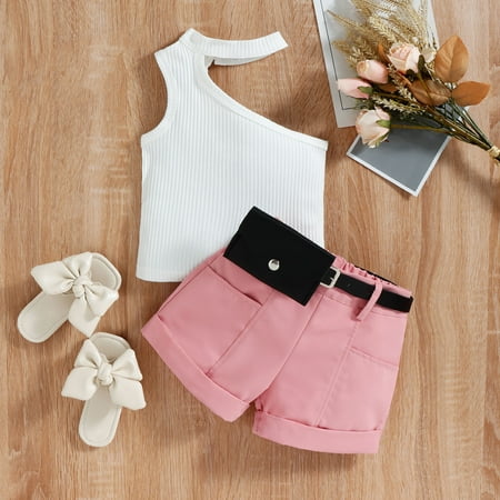 

Cathalem 3 Month Baby Girl Summer Toddler Girls Sleeveless Ribbed Vest Off Shoulder Tops And Shorts Belt Character Set Girls Childrenscostume White 2-3 Years